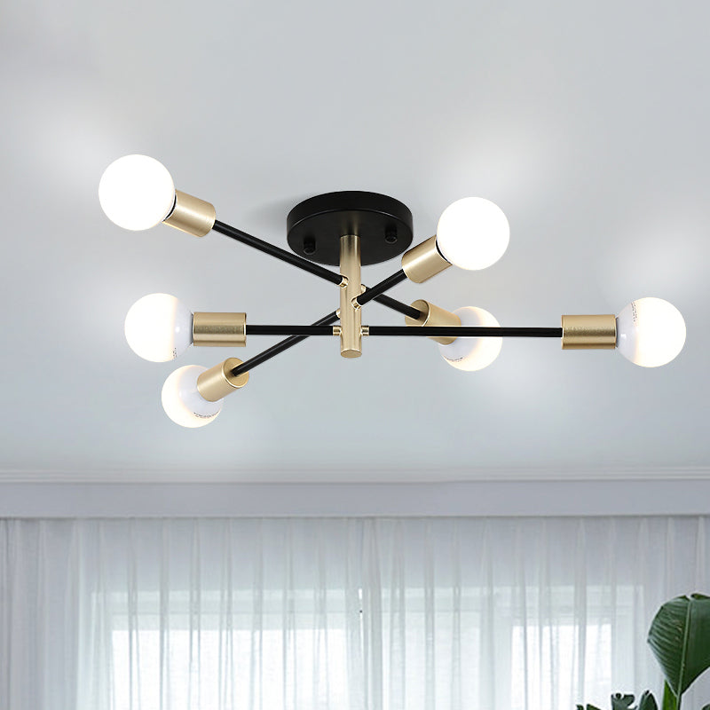 Black and Gold Sputnik Linear Semi Flush Light Modern 4/6 Heads Metal Ceiling Mounted Lamp over Table 6 Black-Gold Clearhalo 'Ceiling Lights' 'Close To Ceiling Lights' 'Close to ceiling' 'Semi-flushmount' Lighting' 737025