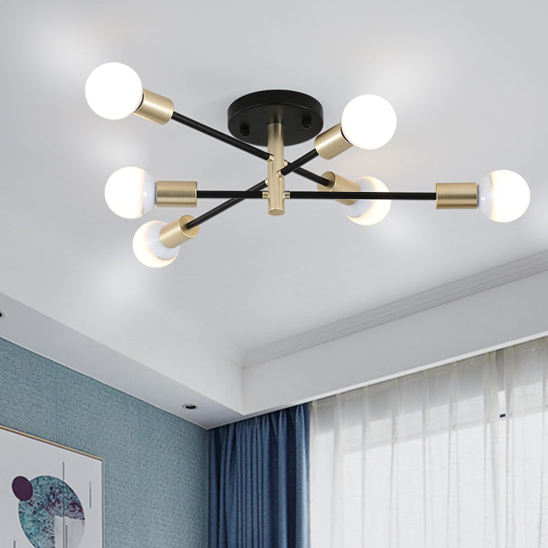 Black and Gold Sputnik Linear Semi Flush Light Modern 4/6 Heads Metal Ceiling Mounted Lamp over Table Clearhalo 'Ceiling Lights' 'Close To Ceiling Lights' 'Close to ceiling' 'Semi-flushmount' Lighting' 737026