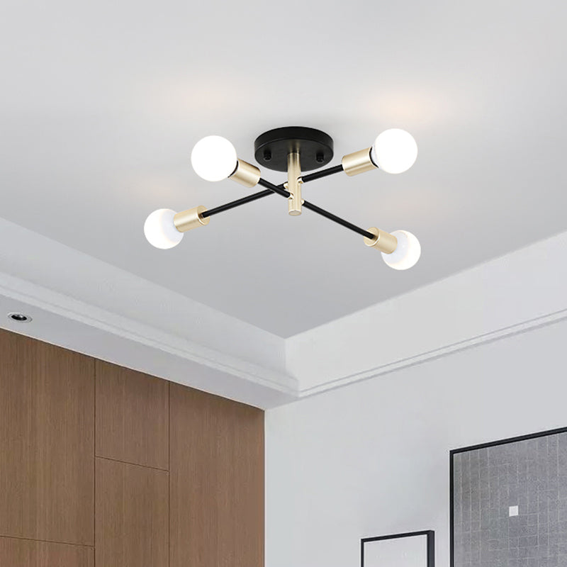 Black and Gold Sputnik Linear Semi Flush Light Modern 4/6 Heads Metal Ceiling Mounted Lamp over Table Clearhalo 'Ceiling Lights' 'Close To Ceiling Lights' 'Close to ceiling' 'Semi-flushmount' Lighting' 737030