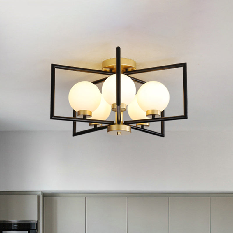 Rectangle Frame Semi Flush Lighting Post Modern 5 Heads Living Room Flush Mount in Black and Gold Black-Gold Clearhalo 'Ceiling Lights' 'Close To Ceiling Lights' 'Close to ceiling' 'Glass shade' 'Glass' 'Semi-flushmount' Lighting' 737042