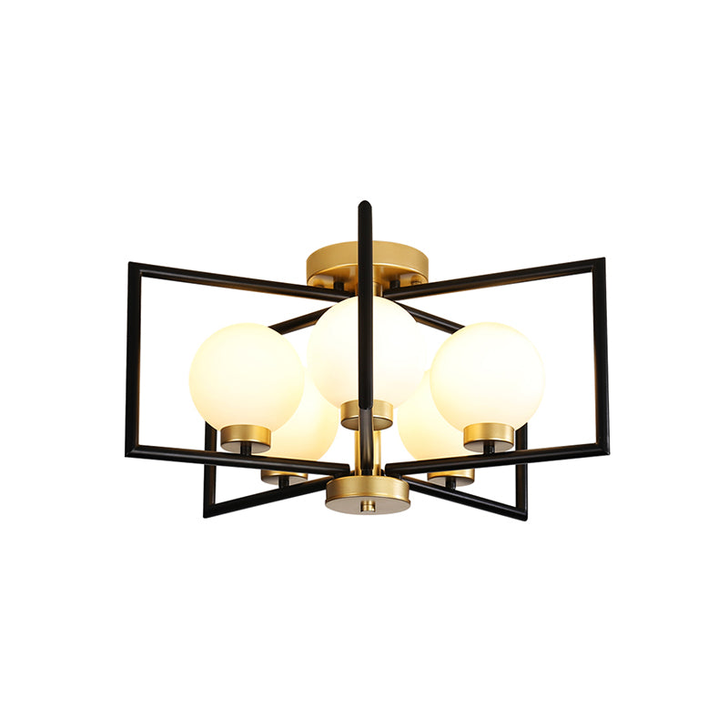 Rectangle Frame Semi Flush Lighting Post Modern 5 Heads Living Room Flush Mount in Black and Gold Clearhalo 'Ceiling Lights' 'Close To Ceiling Lights' 'Close to ceiling' 'Glass shade' 'Glass' 'Semi-flushmount' Lighting' 737044