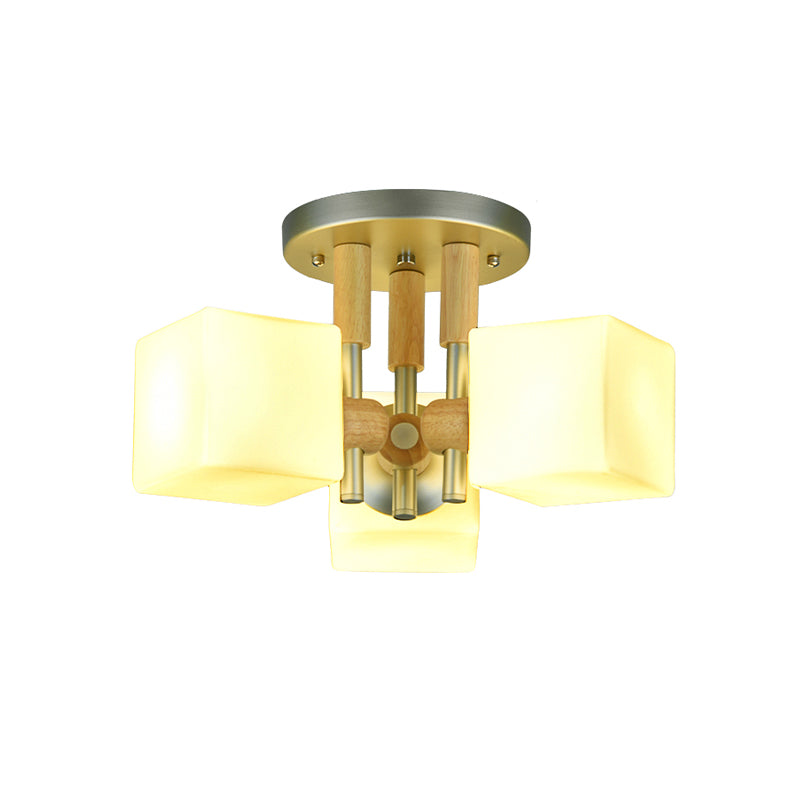Cube White Glass Semi Flush Light Fixture Modern 3-Light Wood Ceiling Mounted Lamp Clearhalo 'Ceiling Lights' 'Close To Ceiling Lights' 'Close to ceiling' 'Glass shade' 'Glass' 'Semi-flushmount' Lighting' 737048