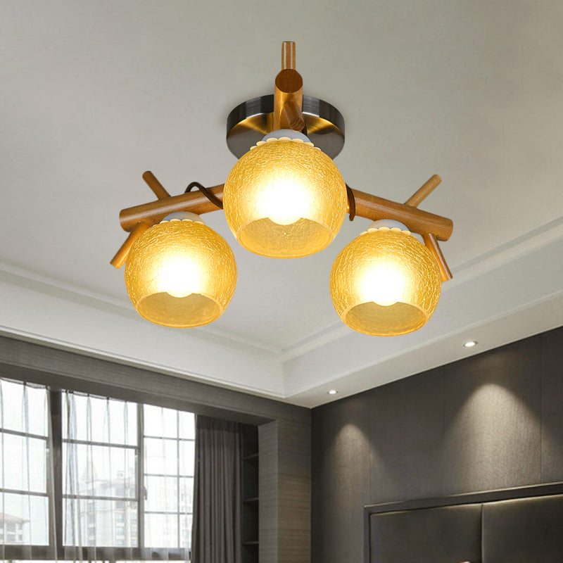 Beige Cracked Glass Orb Semi Flush Mount Modernism 3-Head Close to Ceiling Lighting with Wood Branch Arm Wood Clearhalo 'Ceiling Lights' 'Close To Ceiling Lights' 'Close to ceiling' 'Glass shade' 'Glass' 'Pendant Lights' 'Semi-flushmount' Lighting' 737050
