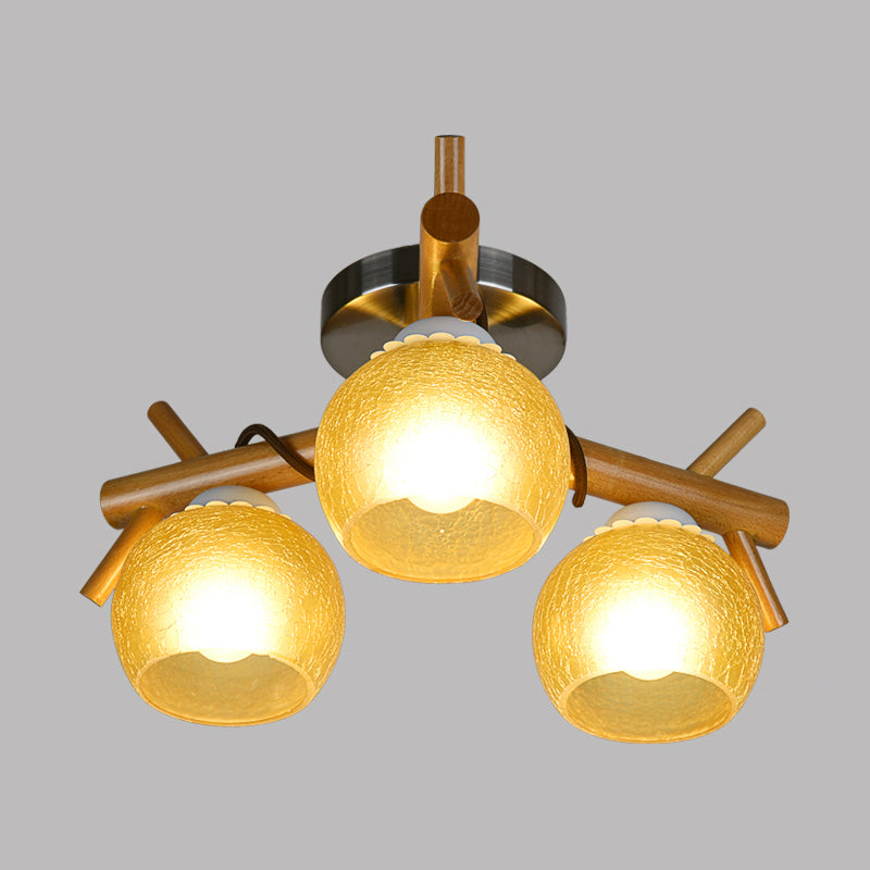 Beige Cracked Glass Orb Semi Flush Mount Modernism 3-Head Close to Ceiling Lighting with Wood Branch Arm Clearhalo 'Ceiling Lights' 'Close To Ceiling Lights' 'Close to ceiling' 'Glass shade' 'Glass' 'Pendant Lights' 'Semi-flushmount' Lighting' 737052