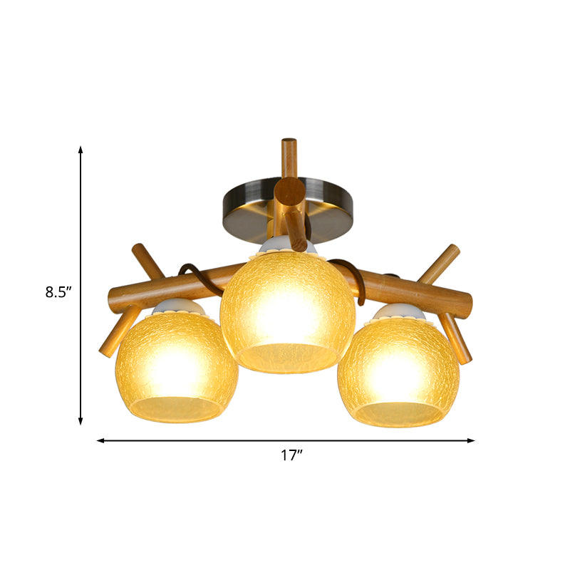 Beige Cracked Glass Orb Semi Flush Mount Modernism 3-Head Close to Ceiling Lighting with Wood Branch Arm Clearhalo 'Ceiling Lights' 'Close To Ceiling Lights' 'Close to ceiling' 'Glass shade' 'Glass' 'Pendant Lights' 'Semi-flushmount' Lighting' 737053