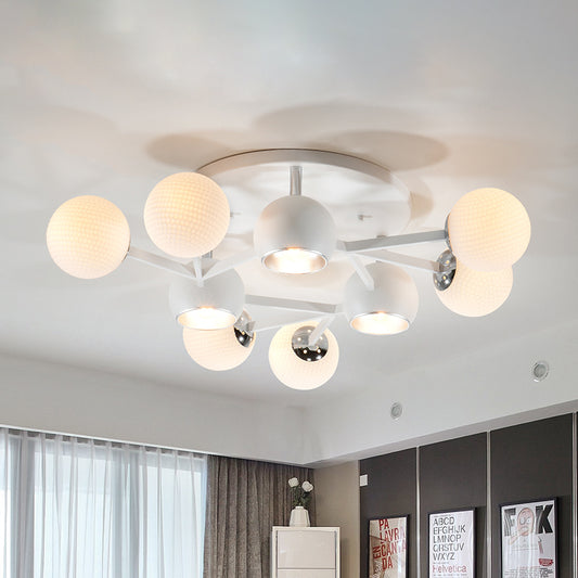 Golf Ball Living Room Semi Flushmount White Glass 9 Bulbs Contemporary Spiral Flush Ceiling Lamp White Clearhalo 'Ceiling Lights' 'Close To Ceiling Lights' 'Close to ceiling' 'Glass shade' 'Glass' 'Pendant Lights' 'Semi-flushmount' Lighting' 737054