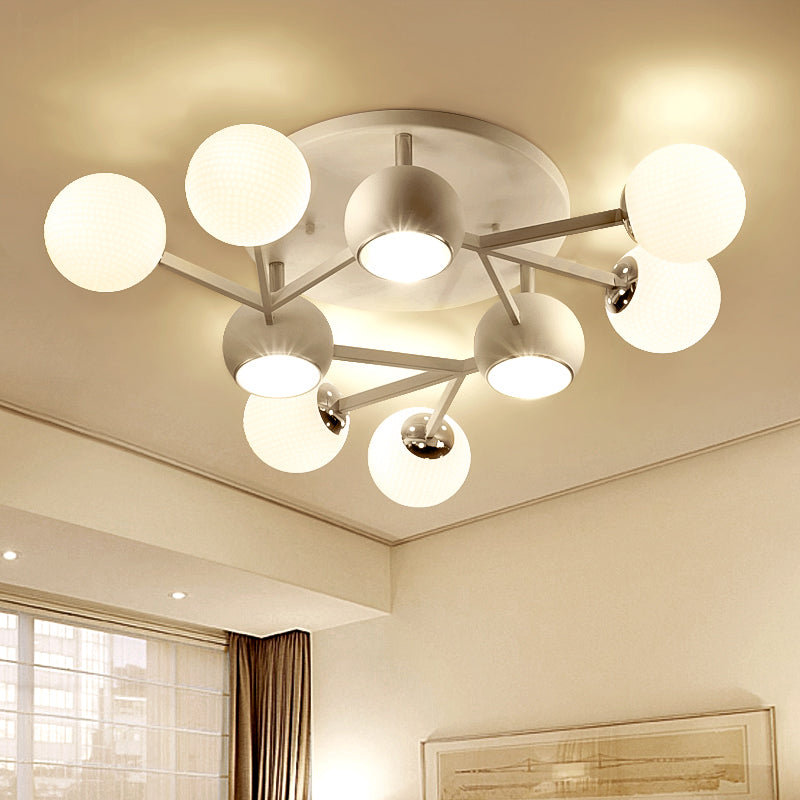 Golf Ball Living Room Semi Flushmount White Glass 9 Bulbs Contemporary Spiral Flush Ceiling Lamp Clearhalo 'Ceiling Lights' 'Close To Ceiling Lights' 'Close to ceiling' 'Glass shade' 'Glass' 'Pendant Lights' 'Semi-flushmount' Lighting' 737055