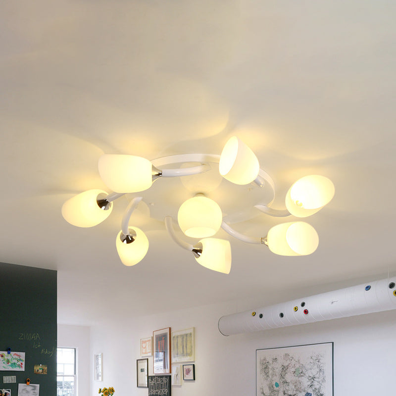 6/8 Lights Living Room Semi Flush Modern White Spiral Flush Mounted Light with Tulip Opal Glass Shade 8 White Clearhalo 'Ceiling Lights' 'Close To Ceiling Lights' 'Close to ceiling' 'Glass shade' 'Glass' 'Semi-flushmount' Lighting' 737058