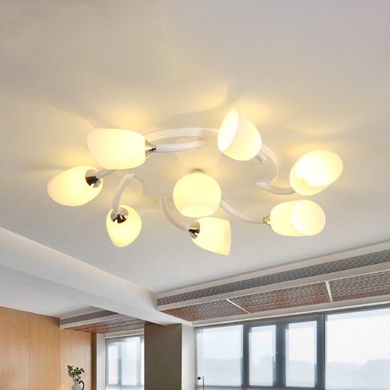 6/8 Lights Living Room Semi Flush Modern White Spiral Flush Mounted Light with Tulip Opal Glass Shade Clearhalo 'Ceiling Lights' 'Close To Ceiling Lights' 'Close to ceiling' 'Glass shade' 'Glass' 'Semi-flushmount' Lighting' 737059