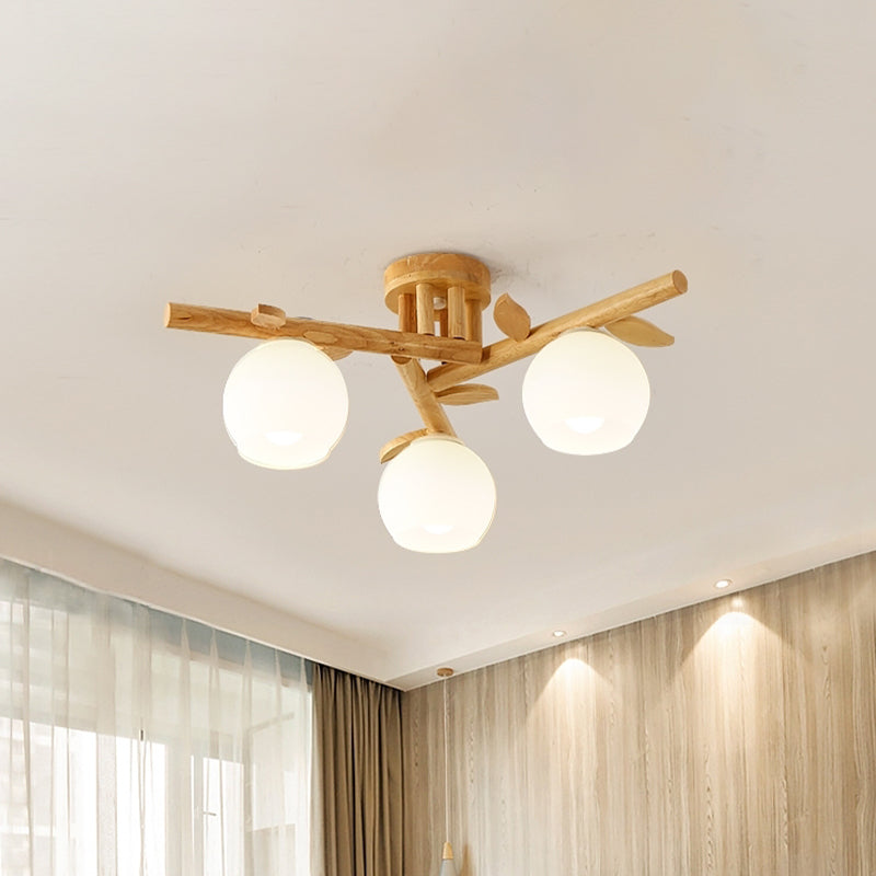 Wood Branch Semi Flush Lighting Modern 3/5-Head Beige Flushmount Lamp with Sphere Milk White Glass Shade Clearhalo 'Ceiling Lights' 'Close To Ceiling Lights' 'Close to ceiling' 'Glass shade' 'Glass' 'Semi-flushmount' Lighting' 737067
