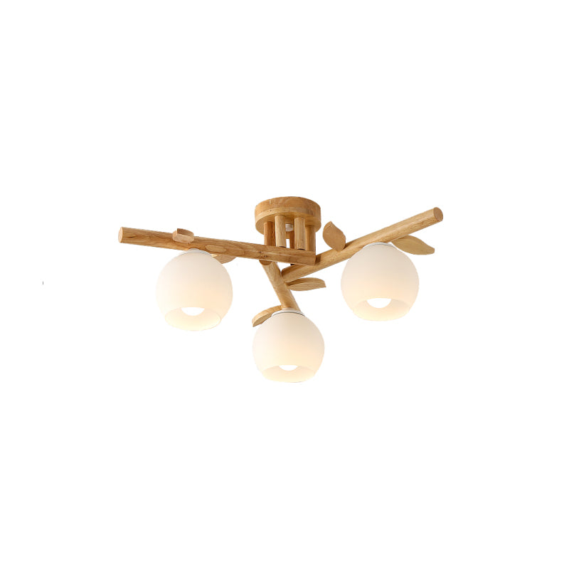 Wood Branch Semi Flush Lighting Modern 3/5-Head Beige Flushmount Lamp with Sphere Milk White Glass Shade Clearhalo 'Ceiling Lights' 'Close To Ceiling Lights' 'Close to ceiling' 'Glass shade' 'Glass' 'Semi-flushmount' Lighting' 737068