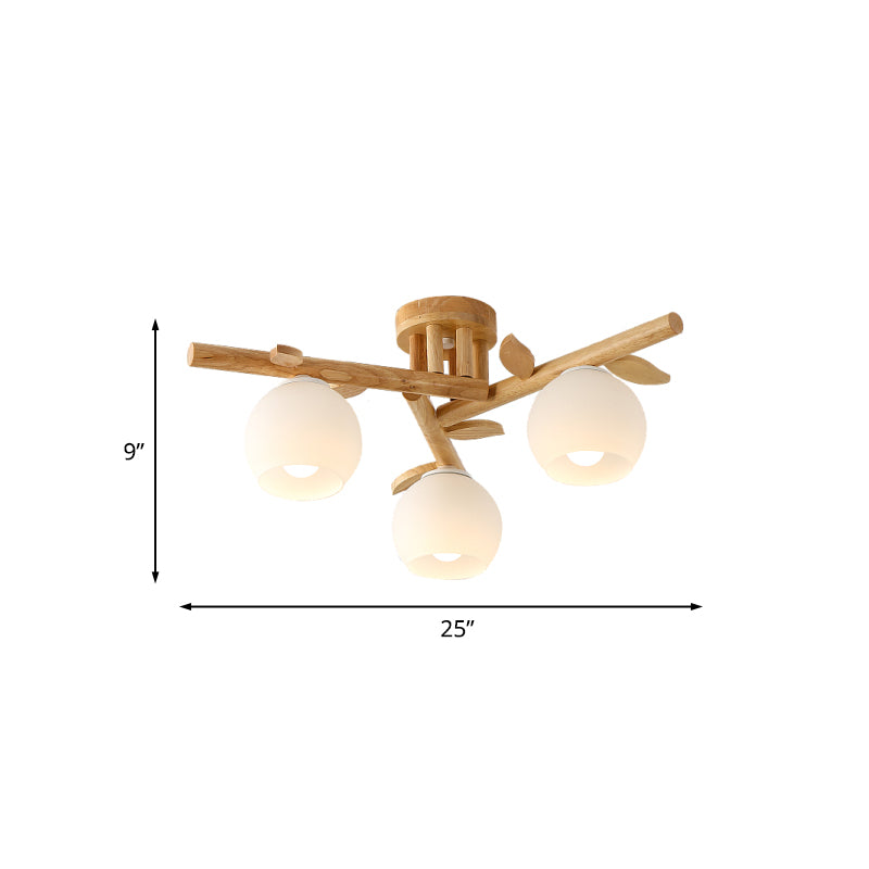 Wood Branch Semi Flush Lighting Modern 3/5-Head Beige Flushmount Lamp with Sphere Milk White Glass Shade Clearhalo 'Ceiling Lights' 'Close To Ceiling Lights' 'Close to ceiling' 'Glass shade' 'Glass' 'Semi-flushmount' Lighting' 737069