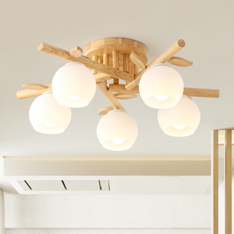 Wood Branch Semi Flush Lighting Modern 3/5-Head Beige Flushmount Lamp with Sphere Milk White Glass Shade 5 Wood Clearhalo 'Ceiling Lights' 'Close To Ceiling Lights' 'Close to ceiling' 'Glass shade' 'Glass' 'Semi-flushmount' Lighting' 737070