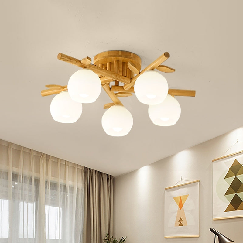 Wood Branch Semi Flush Lighting Modern 3/5-Head Beige Flushmount Lamp with Sphere Milk White Glass Shade Clearhalo 'Ceiling Lights' 'Close To Ceiling Lights' 'Close to ceiling' 'Glass shade' 'Glass' 'Semi-flushmount' Lighting' 737071
