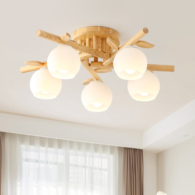 Wood Branch Semi Flush Lighting Modern 3/5-Head Beige Flushmount Lamp with Sphere Milk White Glass Shade Clearhalo 'Ceiling Lights' 'Close To Ceiling Lights' 'Close to ceiling' 'Glass shade' 'Glass' 'Semi-flushmount' Lighting' 737072