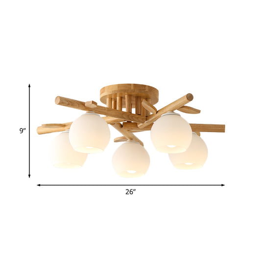 Wood Branch Semi Flush Lighting Modern 3/5-Head Beige Flushmount Lamp with Sphere Milk White Glass Shade Clearhalo 'Ceiling Lights' 'Close To Ceiling Lights' 'Close to ceiling' 'Glass shade' 'Glass' 'Semi-flushmount' Lighting' 737074