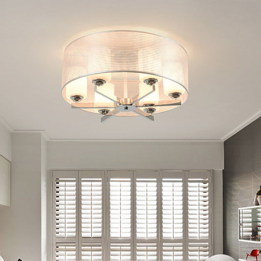 Drum Semi Flush Mount Lighting Minimalist White Glass 6 Lights Chrome Flush Lamp Fixture with Tube Shade White Clearhalo 'Ceiling Lights' 'Close To Ceiling Lights' 'Close to ceiling' 'Glass shade' 'Glass' 'Semi-flushmount' Lighting' 737075
