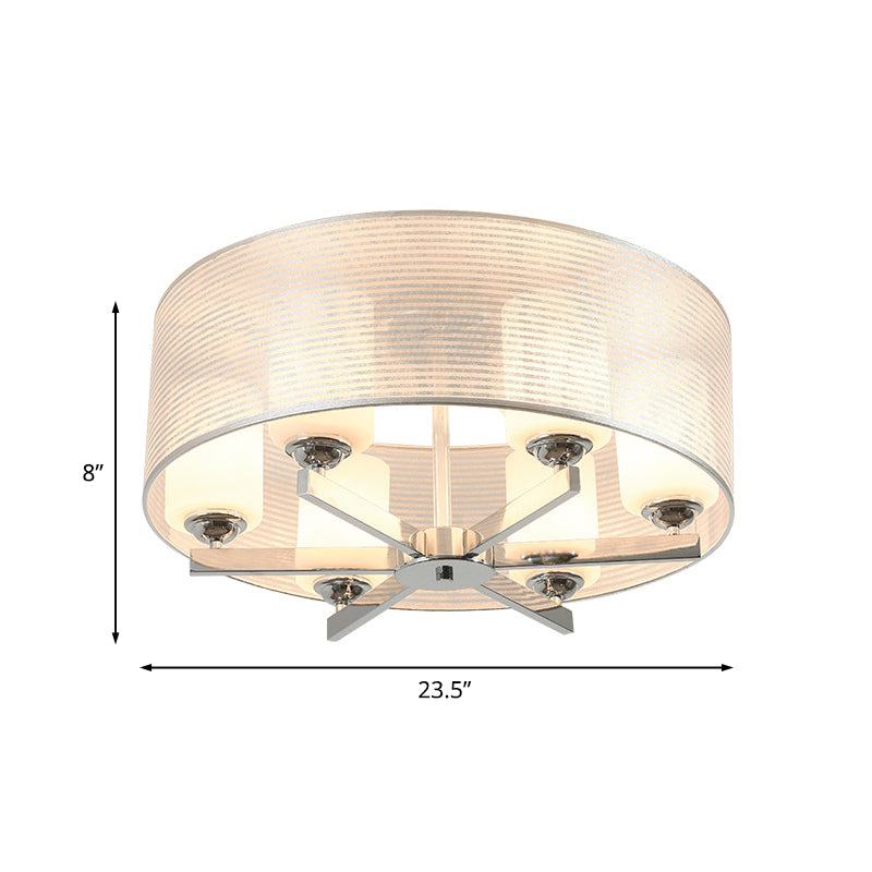 Drum Semi Flush Mount Lighting Minimalist White Glass 6 Lights Chrome Flush Lamp Fixture with Tube Shade Clearhalo 'Ceiling Lights' 'Close To Ceiling Lights' 'Close to ceiling' 'Glass shade' 'Glass' 'Semi-flushmount' Lighting' 737078