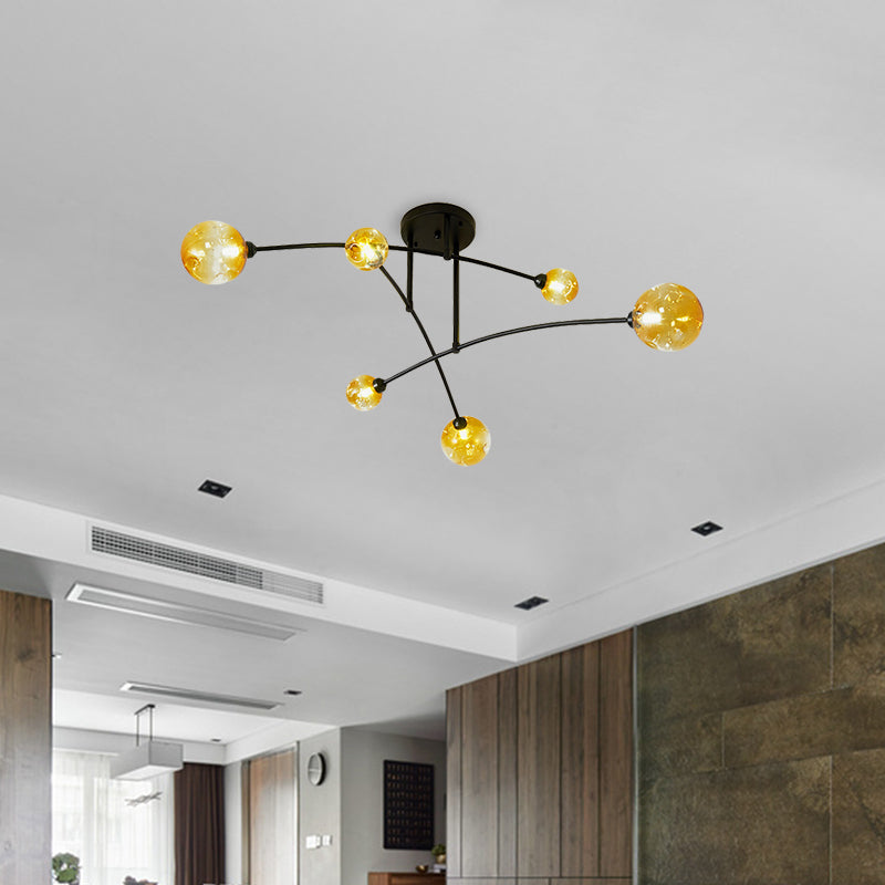 Amber Glass Modo Semi Flush Lighting Minimalism 6 Heads Black Arced Close to Ceiling Lamp Clearhalo 'Ceiling Lights' 'Close To Ceiling Lights' 'Close to ceiling' 'Glass shade' 'Glass' 'Semi-flushmount' Lighting' 737080