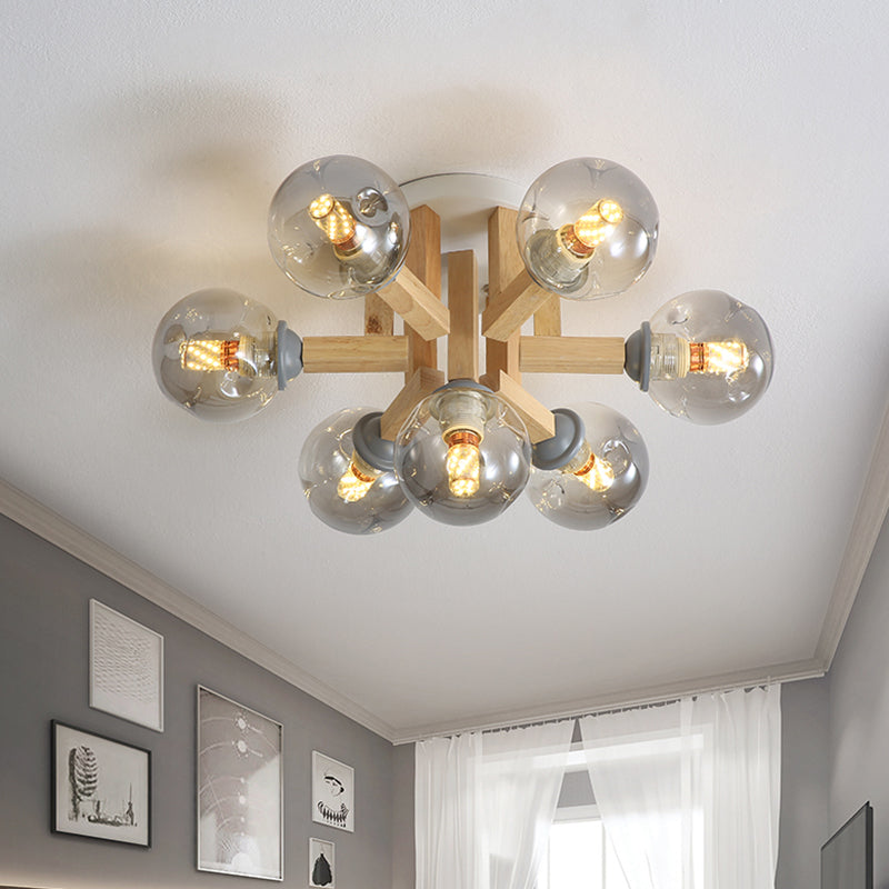 Modernism Globe Semi Flush Light Fixture Smoke Gray Glass 5/7 Bulbs Bedroom Ceiling Mounted Lamp with Bended Wood Arm 7 Smoke Gray Clearhalo 'Ceiling Lights' 'Close To Ceiling Lights' 'Close to ceiling' 'Glass shade' 'Glass' 'Pendant Lights' 'Semi-flushmount' Lighting' 737083