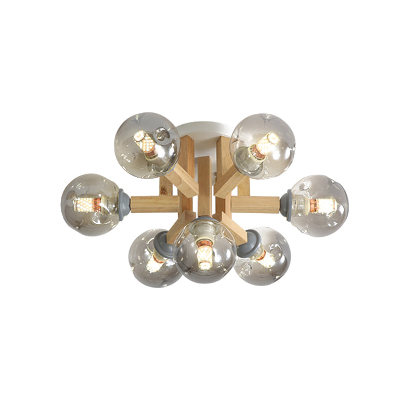 Modernism Globe Semi Flush Light Fixture Smoke Gray Glass 5/7 Bulbs Bedroom Ceiling Mounted Lamp with Bended Wood Arm Clearhalo 'Ceiling Lights' 'Close To Ceiling Lights' 'Close to ceiling' 'Glass shade' 'Glass' 'Pendant Lights' 'Semi-flushmount' Lighting' 737085