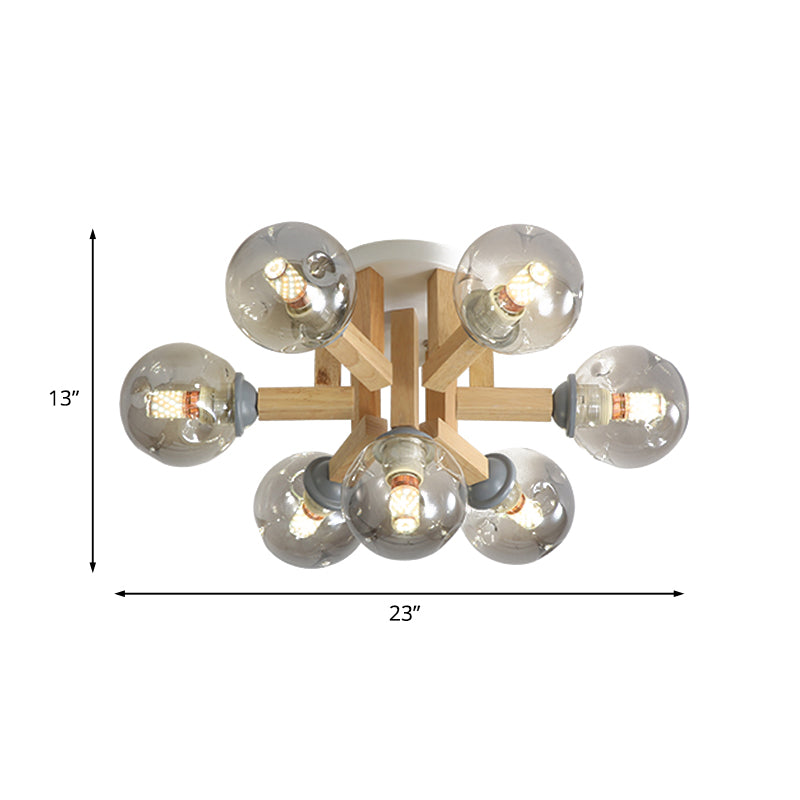 Modernism Globe Semi Flush Light Fixture Smoke Gray Glass 5/7 Bulbs Bedroom Ceiling Mounted Lamp with Bended Wood Arm Clearhalo 'Ceiling Lights' 'Close To Ceiling Lights' 'Close to ceiling' 'Glass shade' 'Glass' 'Pendant Lights' 'Semi-flushmount' Lighting' 737086
