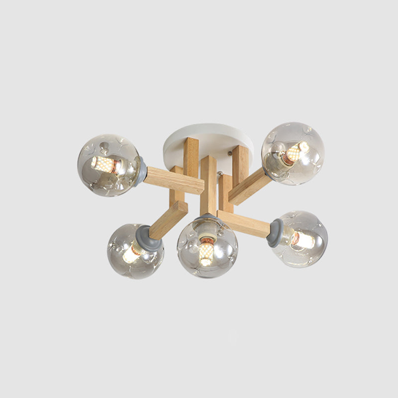 Modernism Globe Semi Flush Light Fixture Smoke Gray Glass 5/7 Bulbs Bedroom Ceiling Mounted Lamp with Bended Wood Arm Clearhalo 'Ceiling Lights' 'Close To Ceiling Lights' 'Close to ceiling' 'Glass shade' 'Glass' 'Pendant Lights' 'Semi-flushmount' Lighting' 737089