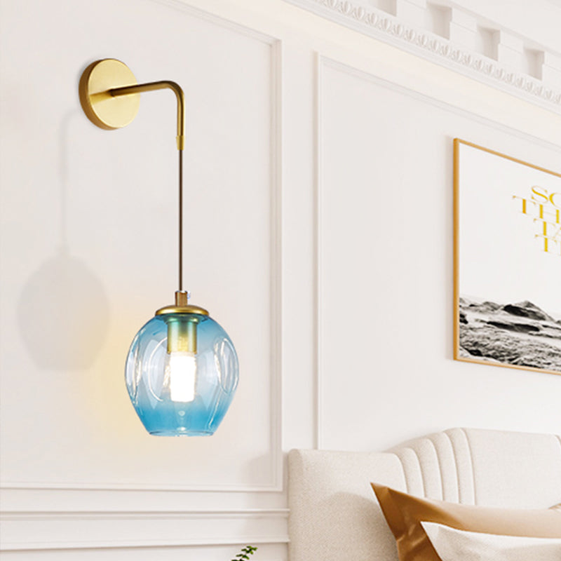 Post Modern 1 Light Wall Hanging Light Gold Tulip Wall Lamp Sconce with Blue/Smoke Gray Dimpled Glass Shade Clearhalo 'Cast Iron' 'Glass' 'Industrial' 'Modern wall lights' 'Modern' 'Tiffany' 'Traditional wall lights' 'Wall Lamps & Sconces' 'Wall Lights' Lighting' 737092