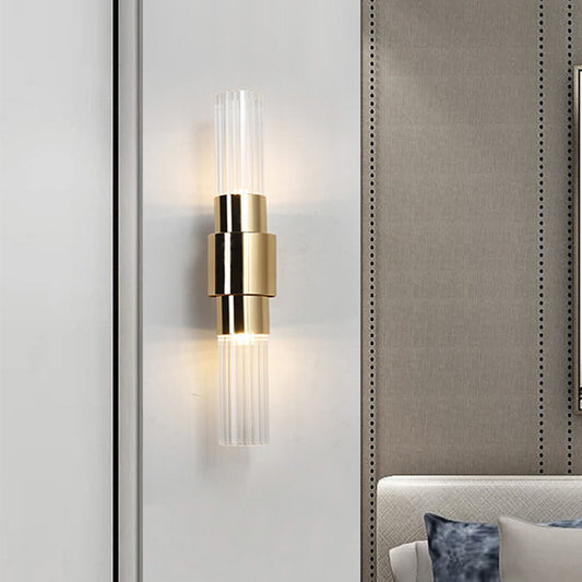Gold Tubular Wall Light Sconce Post Modern 2 Heads Clear Ribbed Glass Wall Mounted Lamp for Bathroom Gold Clearhalo 'Cast Iron' 'Glass' 'Industrial' 'Modern wall lights' 'Modern' 'Tiffany' 'Traditional wall lights' 'Wall Lamps & Sconces' 'Wall Lights' Lighting' 737107