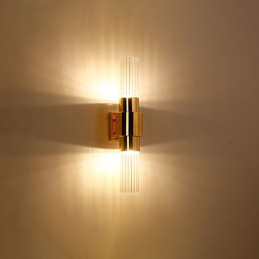 Gold Tubular Wall Light Sconce Post Modern 2 Heads Clear Ribbed Glass Wall Mounted Lamp for Bathroom Clearhalo 'Cast Iron' 'Glass' 'Industrial' 'Modern wall lights' 'Modern' 'Tiffany' 'Traditional wall lights' 'Wall Lamps & Sconces' 'Wall Lights' Lighting' 737108