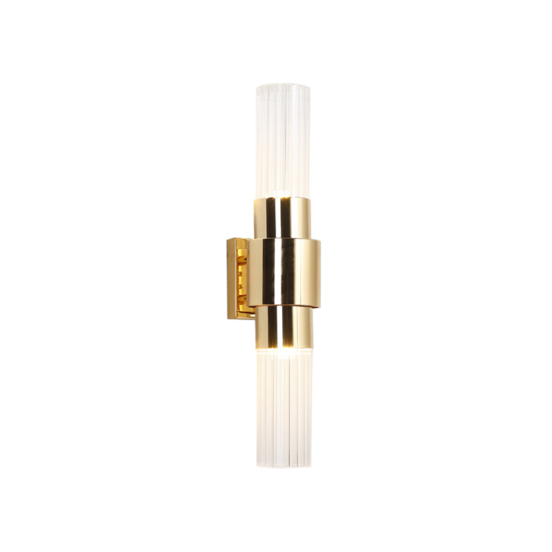 Gold Tubular Wall Light Sconce Post Modern 2 Heads Clear Ribbed Glass Wall Mounted Lamp for Bathroom Clearhalo 'Cast Iron' 'Glass' 'Industrial' 'Modern wall lights' 'Modern' 'Tiffany' 'Traditional wall lights' 'Wall Lamps & Sconces' 'Wall Lights' Lighting' 737109