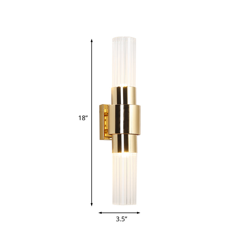 Gold Tubular Wall Light Sconce Post Modern 2 Heads Clear Ribbed Glass Wall Mounted Lamp for Bathroom Clearhalo 'Cast Iron' 'Glass' 'Industrial' 'Modern wall lights' 'Modern' 'Tiffany' 'Traditional wall lights' 'Wall Lamps & Sconces' 'Wall Lights' Lighting' 737110
