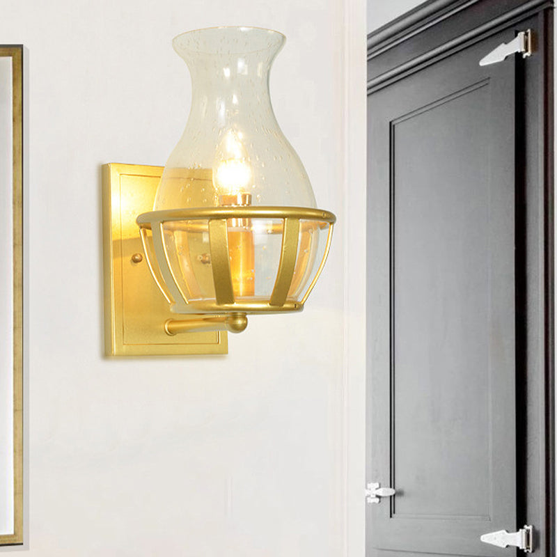 Vase Clear Glass Sconce Light Fixture Postmodern 1 Light Gold Wall Mounted Lamp with Basket Base Gold Clearhalo 'Cast Iron' 'Glass' 'Industrial' 'Modern wall lights' 'Modern' 'Tiffany' 'Traditional wall lights' 'Wall Lamps & Sconces' 'Wall Lights' Lighting' 737115