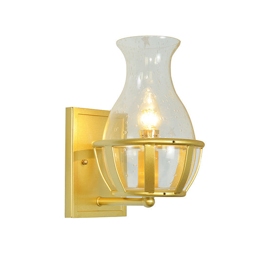 Vase Clear Glass Sconce Light Fixture Postmodern 1 Light Gold Wall Mounted Lamp with Basket Base Clearhalo 'Cast Iron' 'Glass' 'Industrial' 'Modern wall lights' 'Modern' 'Tiffany' 'Traditional wall lights' 'Wall Lamps & Sconces' 'Wall Lights' Lighting' 737117