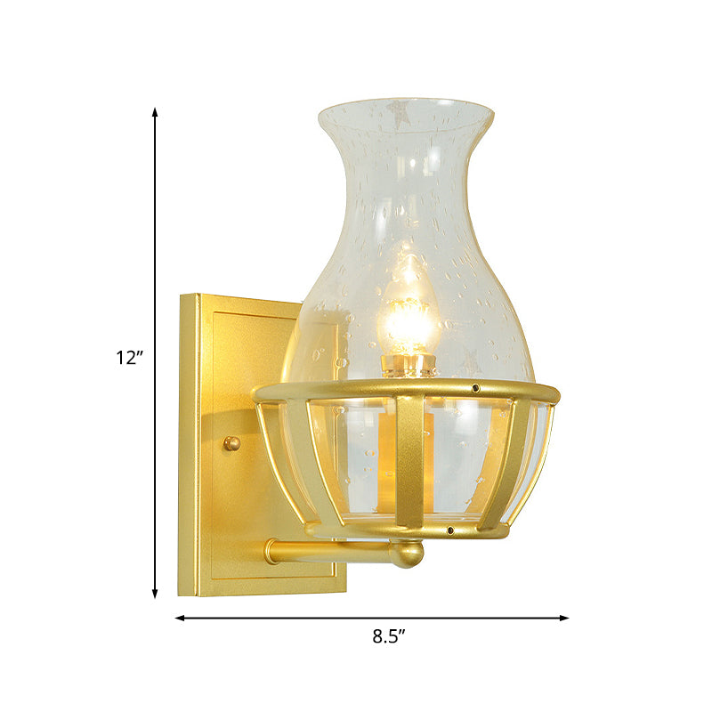 Vase Clear Glass Sconce Light Fixture Postmodern 1 Light Gold Wall Mounted Lamp with Basket Base Clearhalo 'Cast Iron' 'Glass' 'Industrial' 'Modern wall lights' 'Modern' 'Tiffany' 'Traditional wall lights' 'Wall Lamps & Sconces' 'Wall Lights' Lighting' 737118