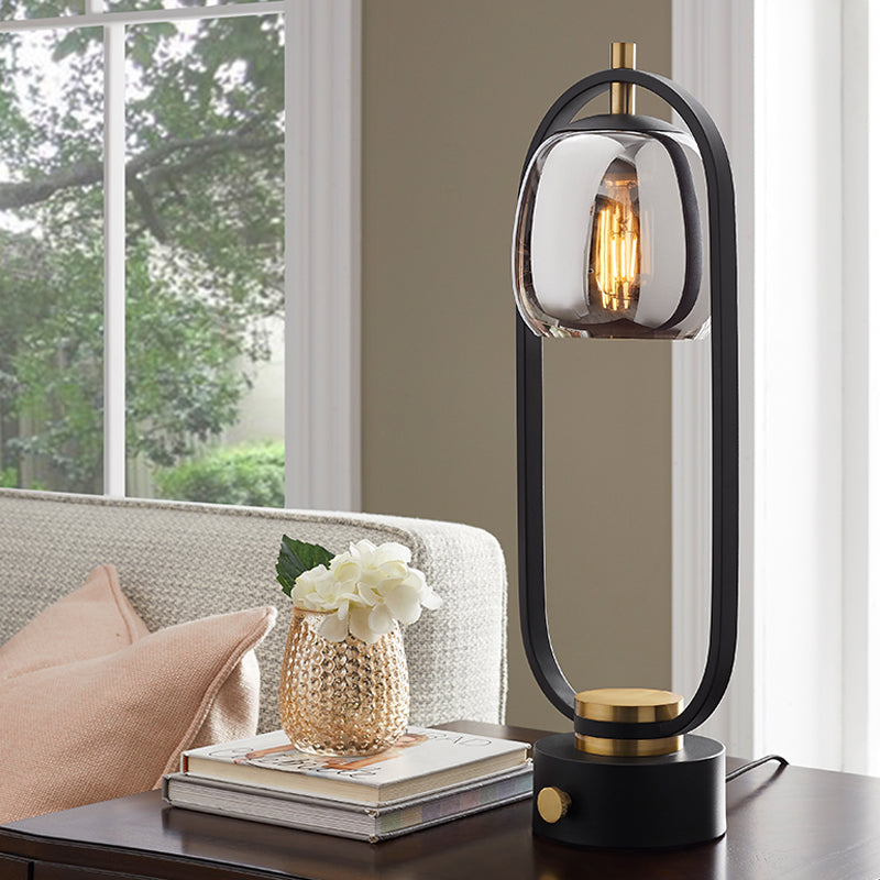 Smoke Gray Mirror Glass Jar Night Table Light Designer 1 Light Reading Lamp in Black with Oval Frame Clearhalo 'Lamps' 'Table Lamps' Lighting' 737144