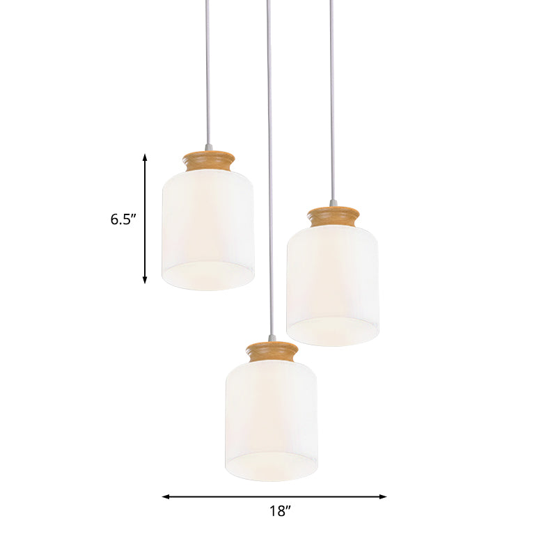 Cylinder Multi Light Chandelier Modern White Glass 3 Heads Wood Suspension Lamp with Round/Linear Canopy Clearhalo 'Ceiling Lights' 'Glass shade' 'Glass' 'Modern Pendants' 'Modern' 'Pendant Lights' 'Pendants' Lighting' 737167