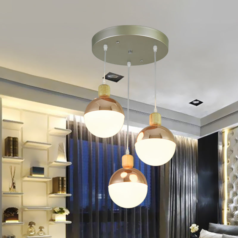 3/4 Heads Dining Room Multi-Pendant Modernist Rose Gold Hanging Ceiling Light with Orb Opal Glass Shade 3 Rose Gold Clearhalo 'Ceiling Lights' 'Glass shade' 'Glass' 'Modern Pendants' 'Modern' 'Pendant Lights' 'Pendants' Lighting' 737168