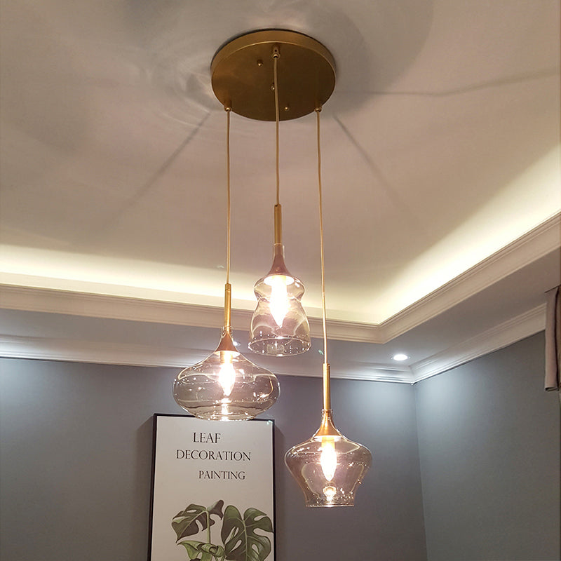 Clear/Cognac Glass Wavy Multi Ceiling Light Modernism 3 Bulbs Gold Hanging Pendant Lamp Clearhalo 'Ceiling Lights' 'Glass shade' 'Glass' 'Modern Pendants' 'Modern' 'Pendant Lights' 'Pendants' Lighting' 737178