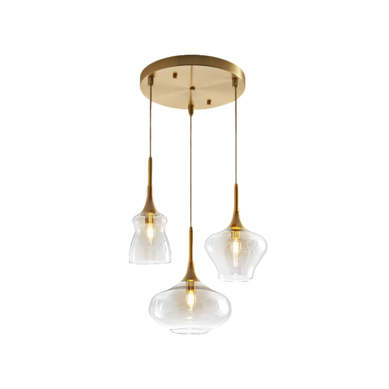 Clear/Cognac Glass Wavy Multi Ceiling Light Modernism 3 Bulbs Gold Hanging Pendant Lamp Clearhalo 'Ceiling Lights' 'Glass shade' 'Glass' 'Modern Pendants' 'Modern' 'Pendant Lights' 'Pendants' Lighting' 737179