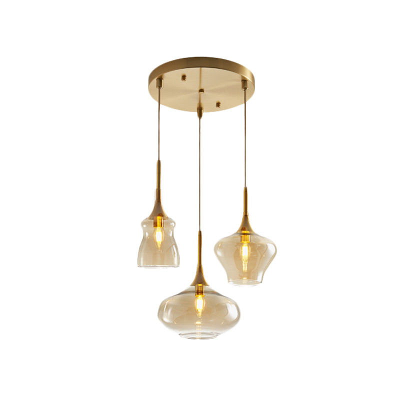 Clear/Cognac Glass Wavy Multi Ceiling Light Modernism 3 Bulbs Gold Hanging Pendant Lamp Clearhalo 'Ceiling Lights' 'Glass shade' 'Glass' 'Modern Pendants' 'Modern' 'Pendant Lights' 'Pendants' Lighting' 737184