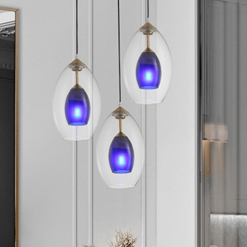 Oval Clear and Blue Multi Pendant Chandelier Simple 3-Light White Hanging Ceiling Lamp Clearhalo 'Ceiling Lights' 'Glass shade' 'Glass' 'Modern Pendants' 'Modern' 'Pendant Lights' 'Pendants' Lighting' 737186