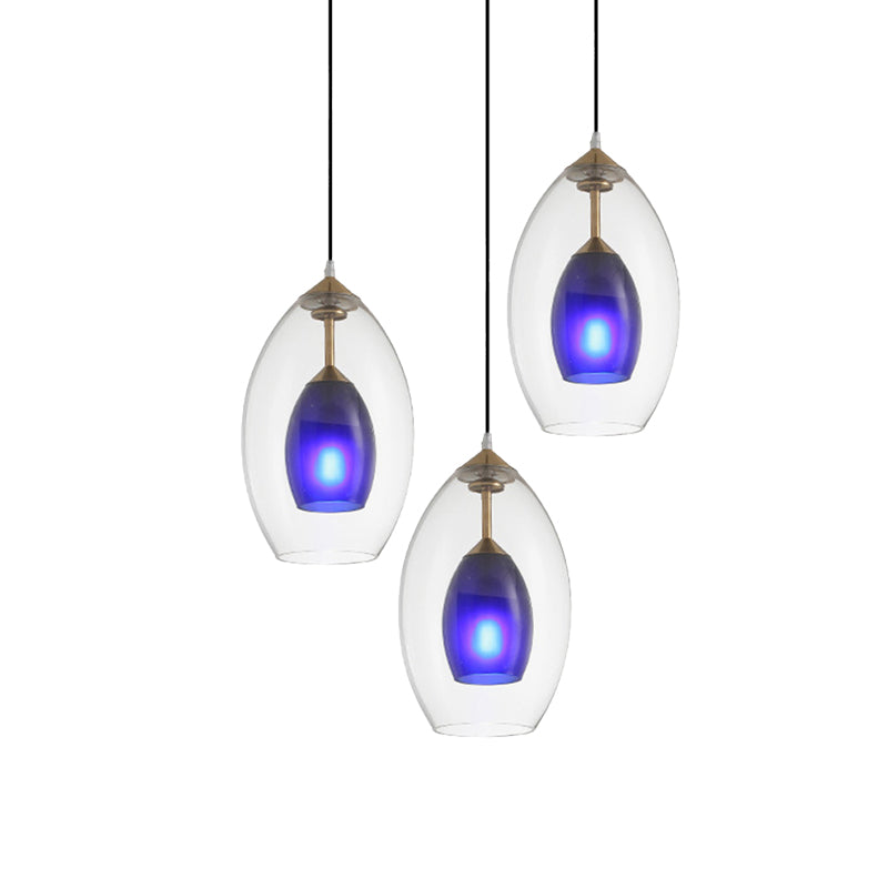 Oval Clear and Blue Multi Pendant Chandelier Simple 3-Light White Hanging Ceiling Lamp Clearhalo 'Ceiling Lights' 'Glass shade' 'Glass' 'Modern Pendants' 'Modern' 'Pendant Lights' 'Pendants' Lighting' 737187