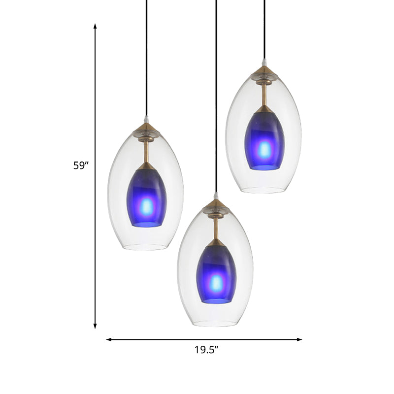 Oval Clear and Blue Multi Pendant Chandelier Simple 3-Light White Hanging Ceiling Lamp Clearhalo 'Ceiling Lights' 'Glass shade' 'Glass' 'Modern Pendants' 'Modern' 'Pendant Lights' 'Pendants' Lighting' 737188