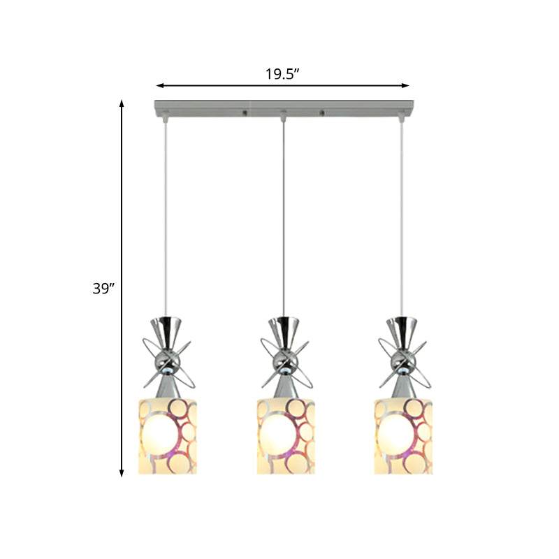 Metal Hourglass Multi Pendant Modernist 3-Bulb Chrome Ceiling Light with Cylinder Patterned Glass Shade, Linear/Round Canopy Clearhalo 'Ceiling Lights' 'Glass shade' 'Glass' 'Modern Pendants' 'Modern' 'Pendant Lights' 'Pendants' Lighting' 737197