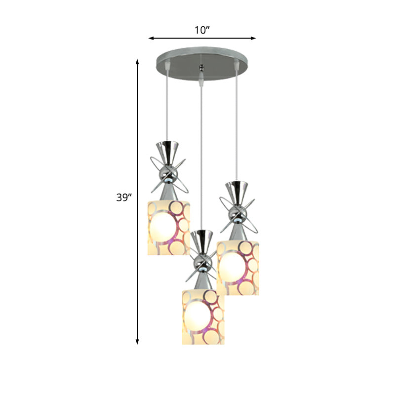 Metal Hourglass Multi Pendant Modernist 3-Bulb Chrome Ceiling Light with Cylinder Patterned Glass Shade, Linear/Round Canopy Clearhalo 'Ceiling Lights' 'Glass shade' 'Glass' 'Modern Pendants' 'Modern' 'Pendant Lights' 'Pendants' Lighting' 737201