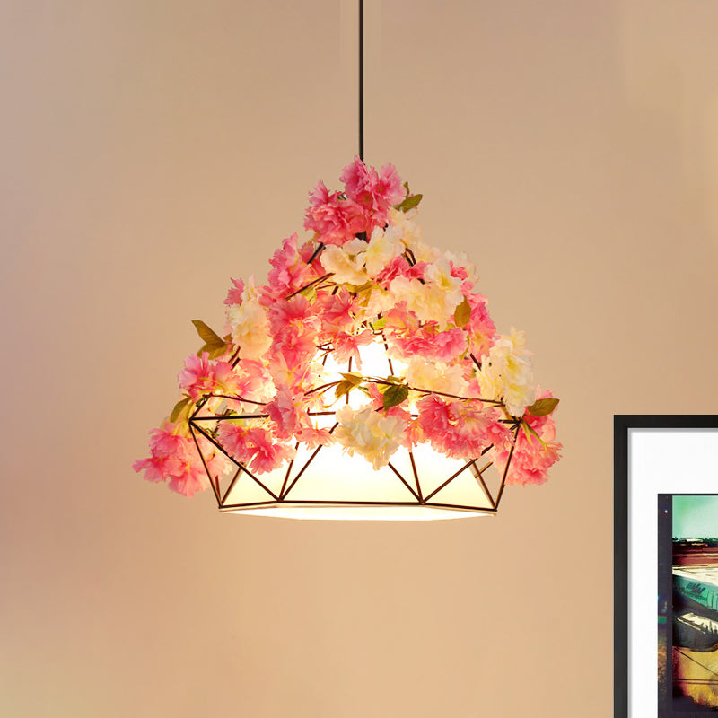 Pink/Green 1-Bulb Hanging Light Farm Iron Diamond Frame Flower Pendant Lamp with Inner Fabric Shade Clearhalo 'Art Deco Pendants' 'Cast Iron' 'Ceiling Lights' 'Ceramic' 'Crystal' 'Industrial Pendants' 'Industrial' 'Metal' 'Middle Century Pendants' 'Pendant Lights' 'Pendants' 'Tiffany' Lighting' 737226