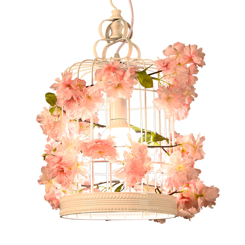 Birdcage Restaurant Suspension Lamp Warehouse Iron 1 Bulb White Flower Pendant Light Fixture Clearhalo 'Art Deco Pendants' 'Cast Iron' 'Ceiling Lights' 'Ceramic' 'Crystal' 'Industrial Pendants' 'Industrial' 'Metal' 'Middle Century Pendants' 'Pendant Lights' 'Pendants' 'Tiffany' Lighting' 737273