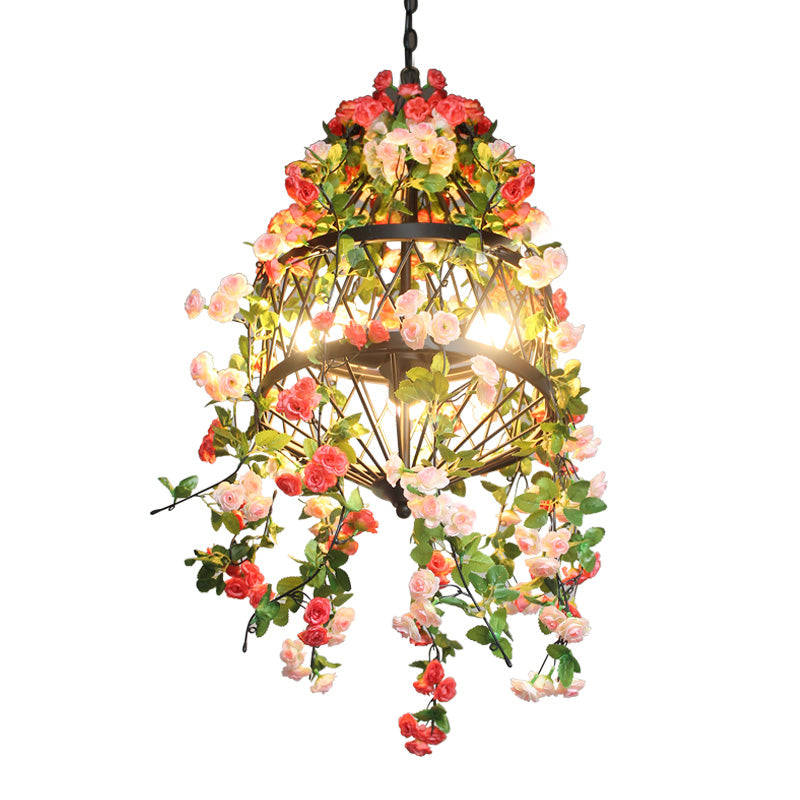 Trellis Cage Iron Hanging Chandelier Farm 3/4 Lights Restaurant Flower Suspension Lamp in Black Clearhalo 'Cast Iron' 'Ceiling Lights' 'Chandeliers' 'Industrial Chandeliers' 'Industrial' 'Metal' 'Middle Century Chandeliers' 'Rustic Chandeliers' 'Tiffany' Lighting' 737386