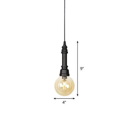 1 Light Ball/Capsule Suspension Light Industrial Black Finish Amber Glass Ceiling Pendant Pipe Lamp Clearhalo 'Ceiling Lights' 'Glass shade' 'Glass' 'Industrial Pendants' 'Industrial' 'Middle Century Pendants' 'Pendant Lights' 'Pendants' 'Tiffany' Lighting' 737456